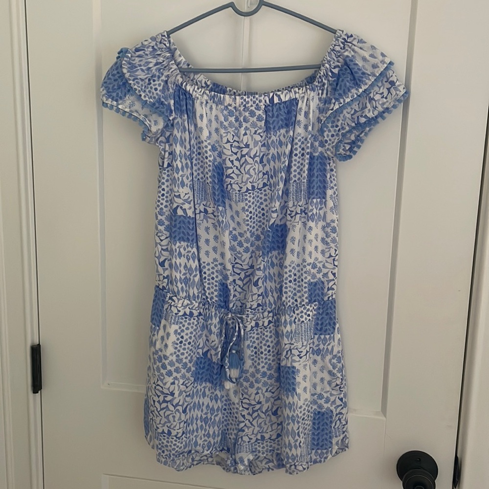 Blue and white vineyard vines romper. Adjusts at waste in small.